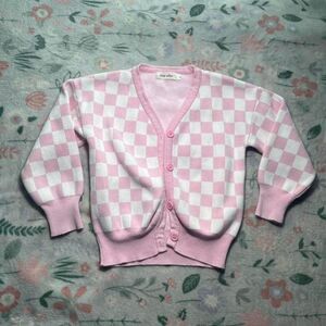 Ever After Kids Cardigan 6/7 - Checkered Y2K Coquette Retro Preppy Pink Kidcore